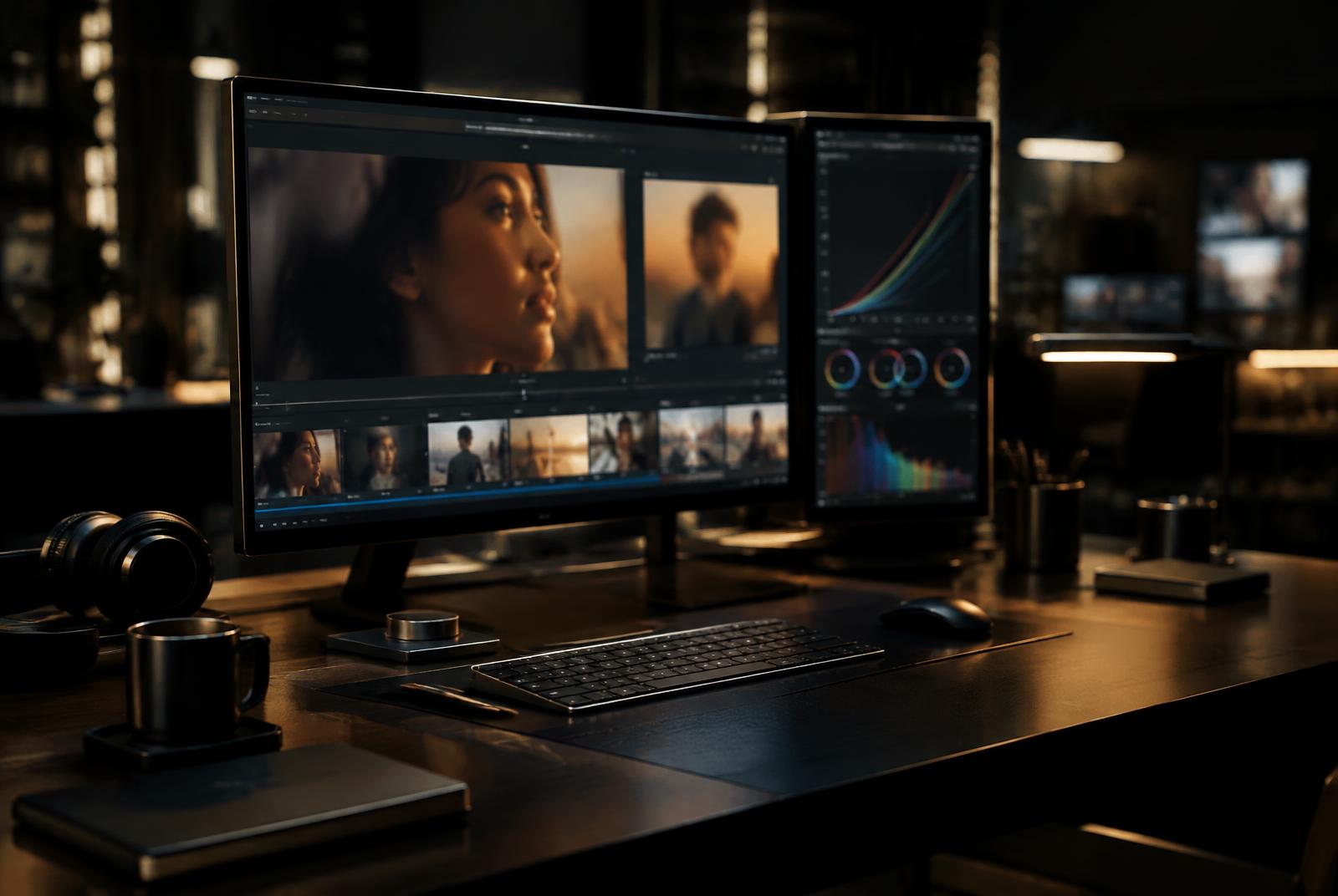 A cinematic research station with large displays showing film frames