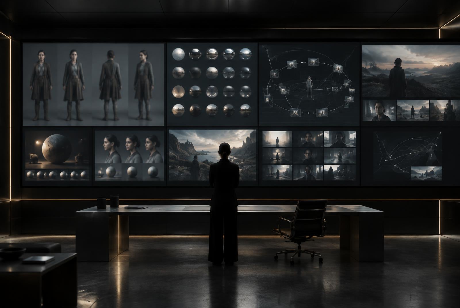 A massive visualization wall displaying character models and lighting simulations inside the research facility