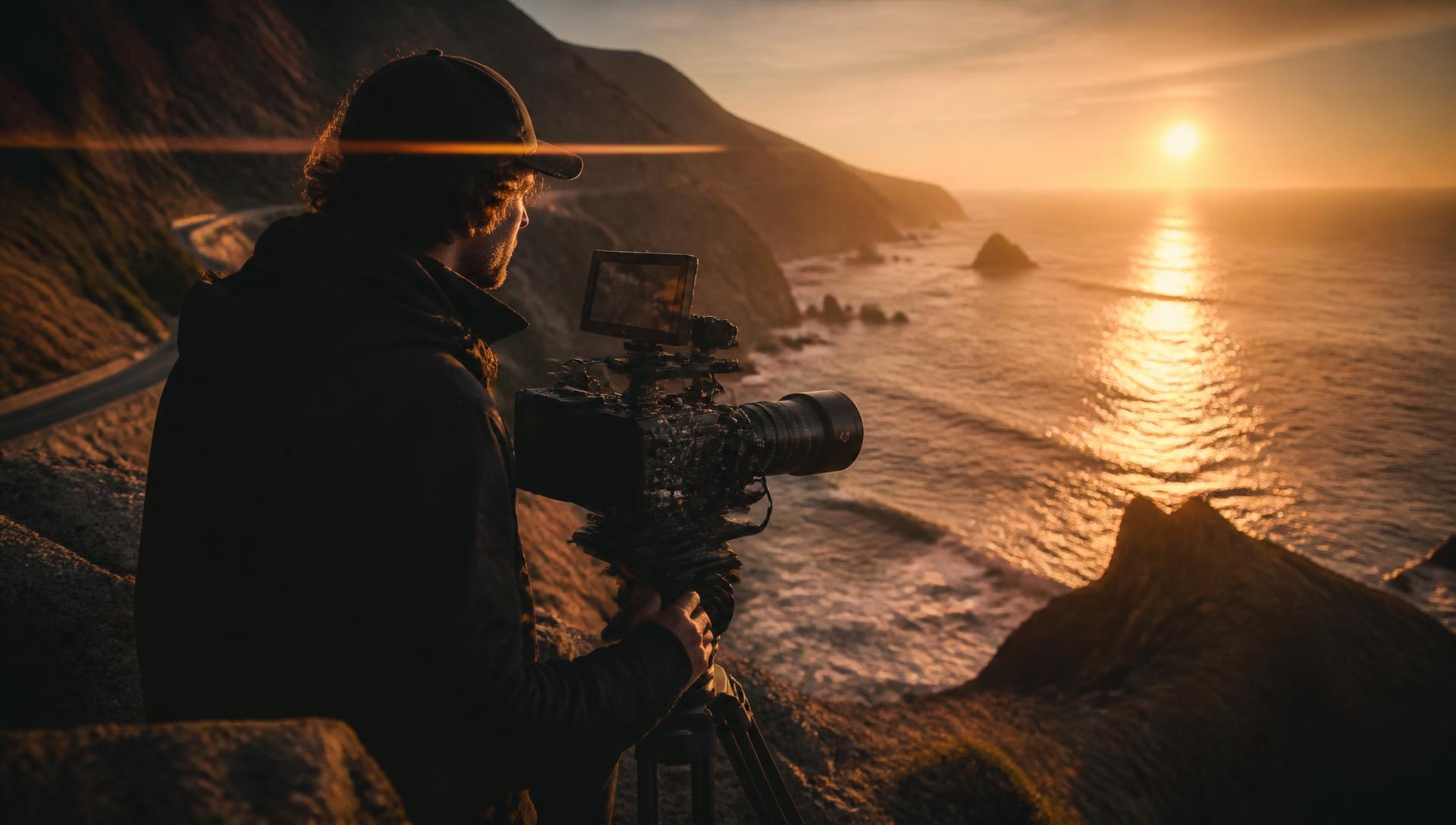 Professional filmmaker shooting cinematic coastal footage at golden hour
