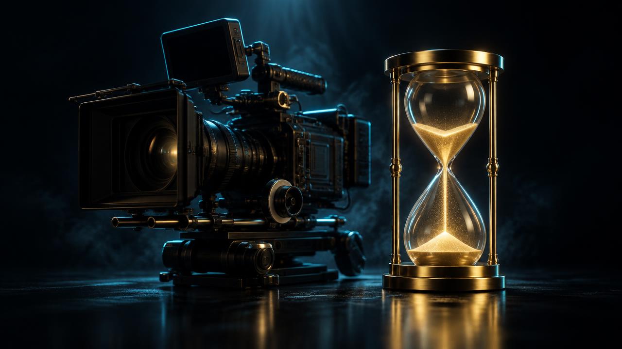 Cinema camera beside a golden hourglass. The Luxury Richland video marketplace is coming soon